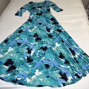 PinkBlush Maternity Floral Maxi Dress Teal Blue Belted Pockets Womens Sz 1X NWT